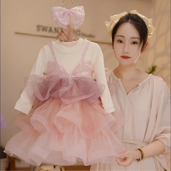 【Y.a4264】24新款女童洋气亮片拼接网纱蛋糕公主裙秋冬甜美连衣裙