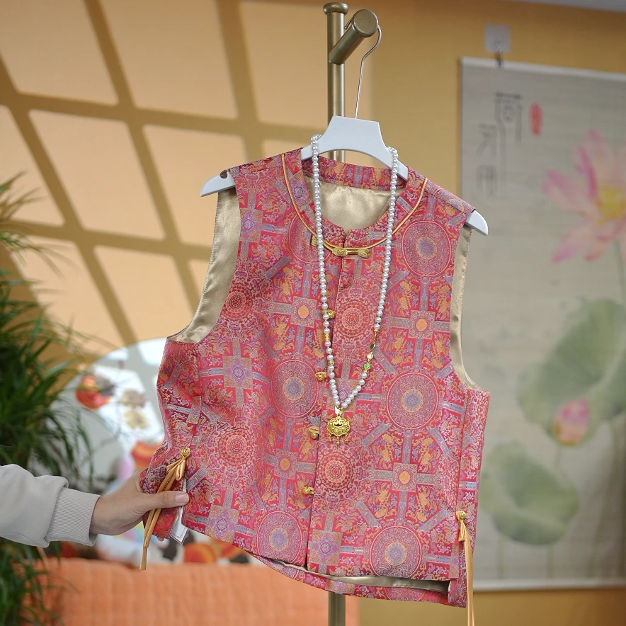 高级感女装2025年春季新款圆领盘扣宋锦提花马甲国风中式复古马夹