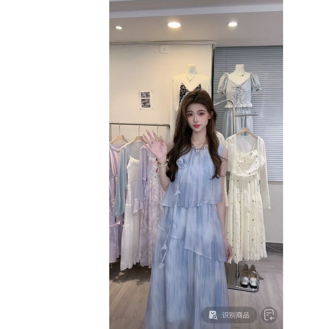 无袖纯色夏季假两件温柔新款2025气质连衣裙法式长裙