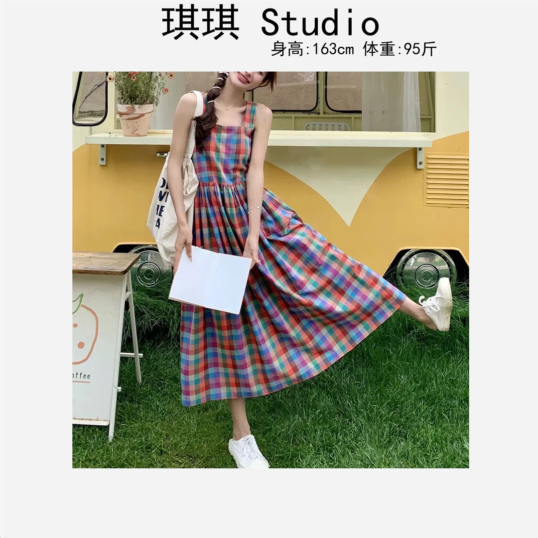 《琪琪家》春夏季新款高级甜美洋气彩色格子显瘦减龄连衣裙88317-G