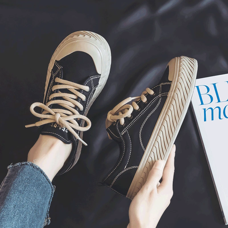 人本帆布鞋女黑色新款经典百搭透气低帮韩版潮休闲学生板鞋子女款