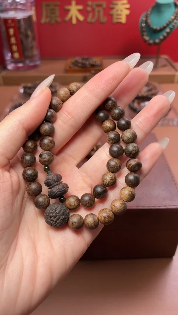 沉香手串沉水越南富森红土瘿子瘤疤08两圈设计款
