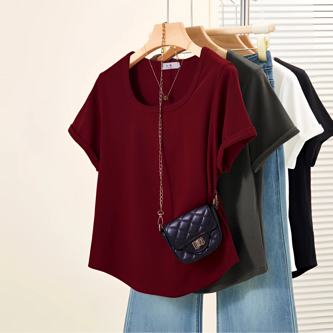 2025春夏大码女装正肩上衣t恤遮肉显瘦胖mm韩版百搭U领短袖T恤
