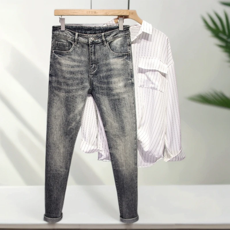 基密雷昂轻奢秋季潮流男士水洗牛仔裤简约修身弹力小直筒休闲长裤