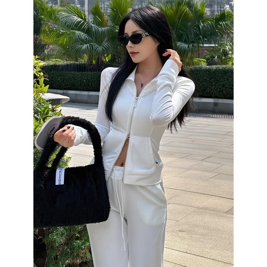 美式辣妹白色休闲运动套装女2025秋季高个子显瘦高腰微喇裤两件套