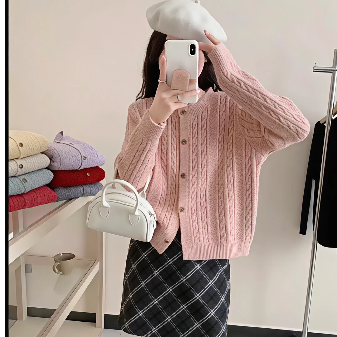 韩系秋装穿搭麻花女士针织开衫外套女毛衣秋天2025年新款早秋上衣