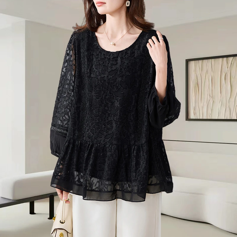 黑色圆领衬衫女夏季2025新款洋气减龄大码宽松遮肚子蕾丝小衫上衣