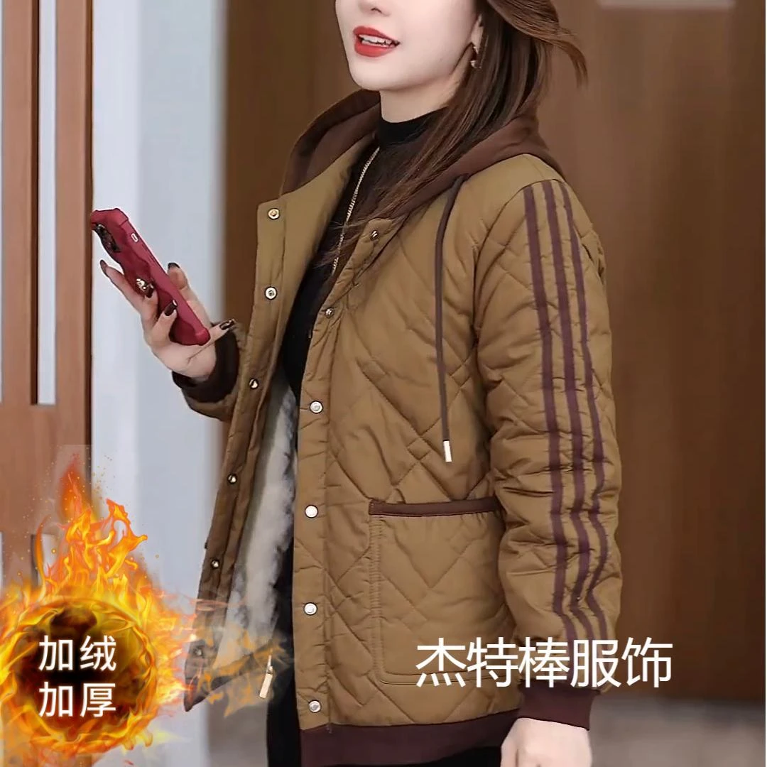 秋冬季新款连帽中老年女装休闲加绒棉衣加厚宽松气质妈妈装棉服