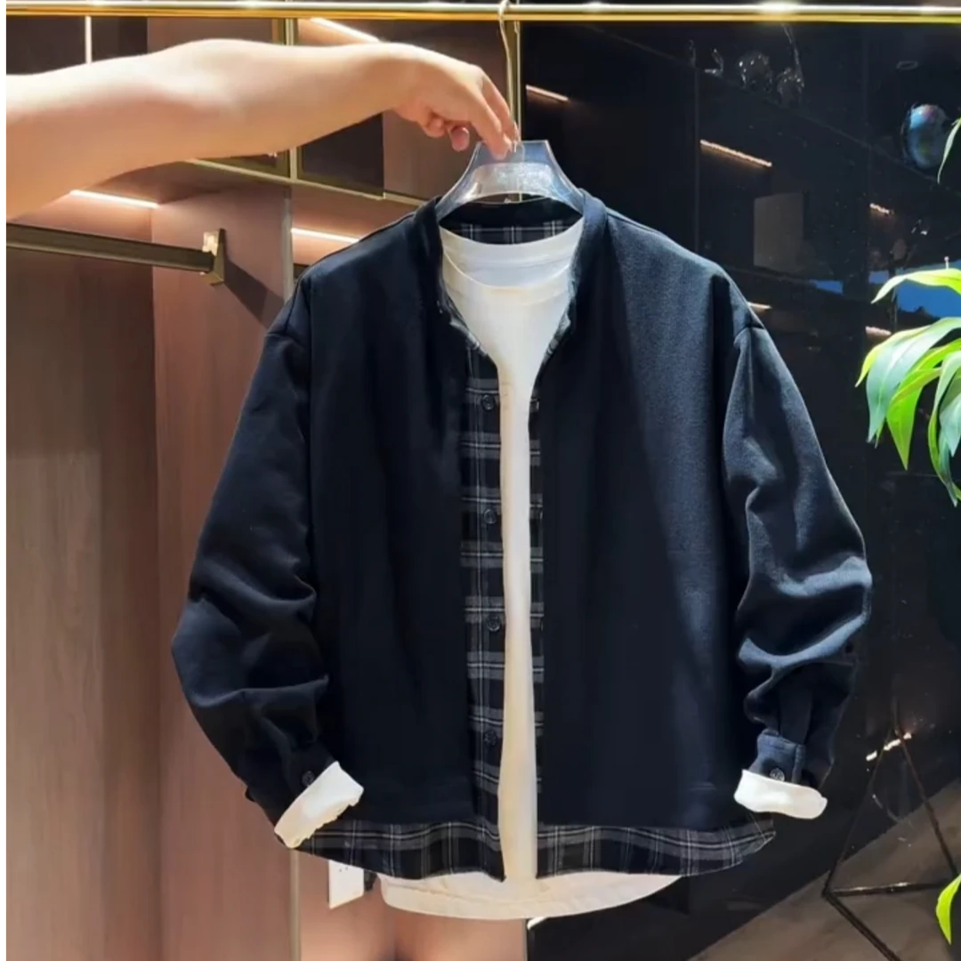 秋季日系复古格子拼接假两件外套男士时尚高级感宽松休闲立领夹克