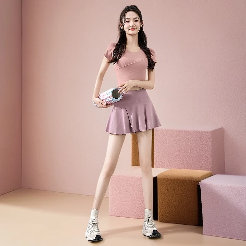 休闲装高腰修身跑步夏季宽松防走光女款短袖显瘦服装小个子时尚