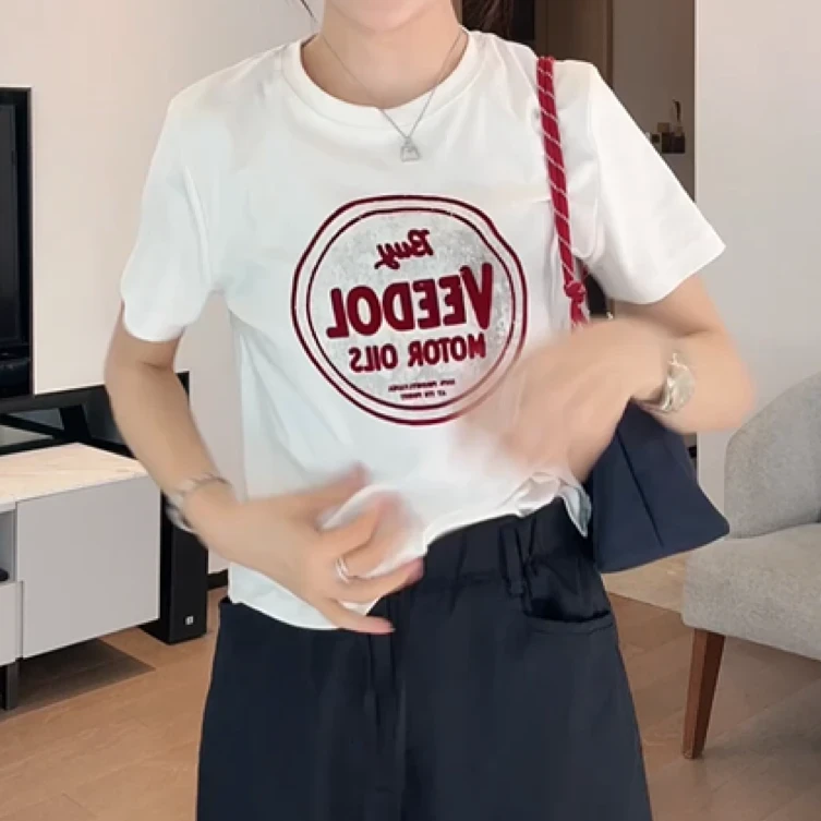 欧货字母印花圆领套头宽松显瘦百搭上衣女2025年夏季新款短袖t恤