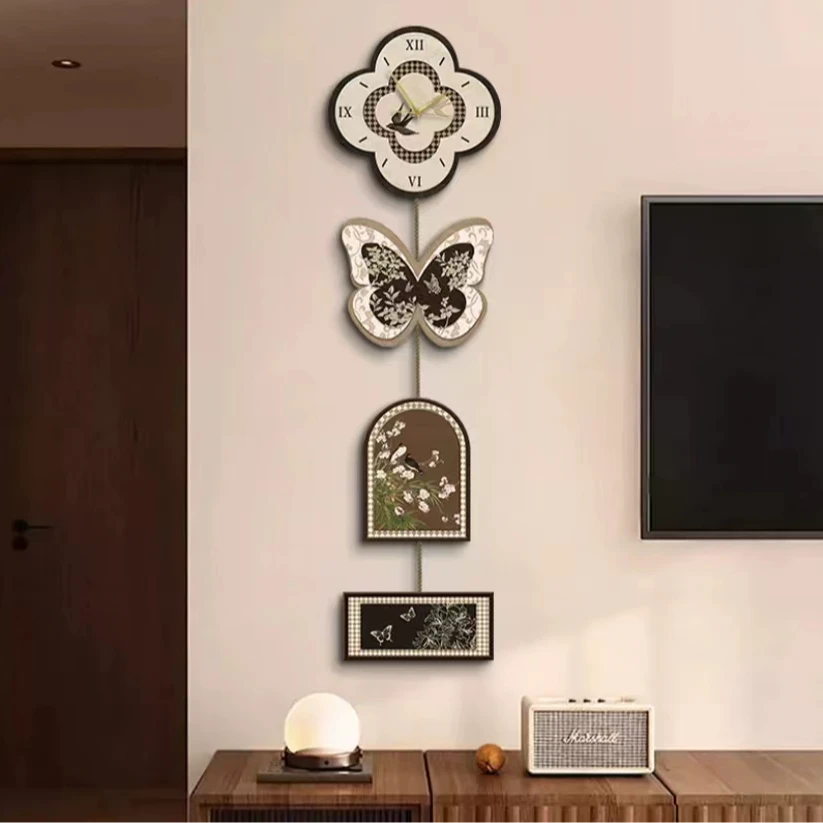 G中古风玄关装饰画创意蝴蝶钟表组合画客厅电视背景壁画复古四联