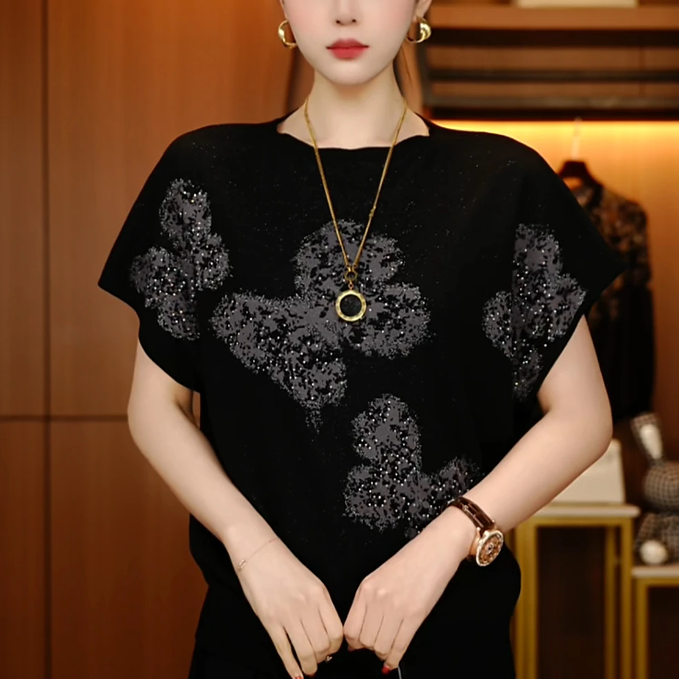 D250598-夏季短袖抗起球高端显瘦减龄洋气宽松女士气质时尚