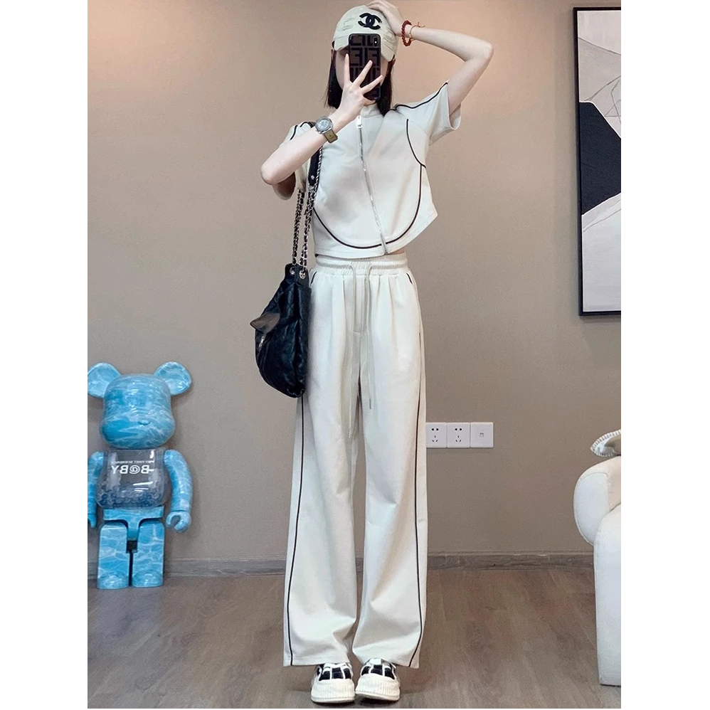 042潮牌高端设计感休闲运动套装夏2025新款短袖炸街阔腿裤两件套