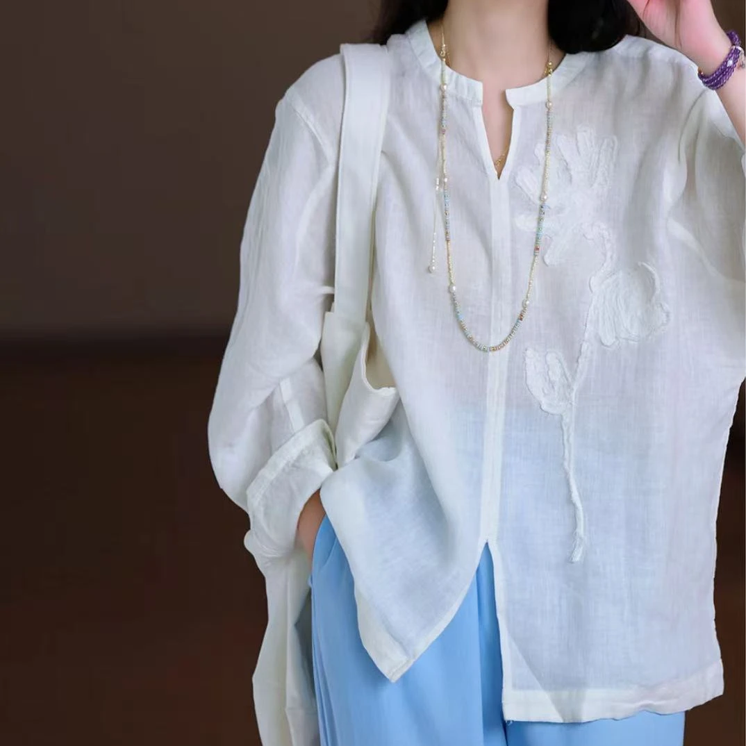 天丝苎麻高级小众花朵剪花纯色长袖宽松通勤提花百搭休闲老钱风