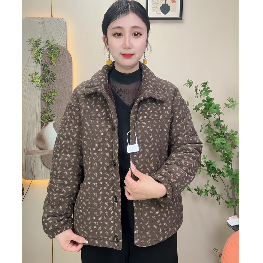 2026新款上衣碎花时尚翻领妈妈装冬季加绒保暖棉服宽松女士外套