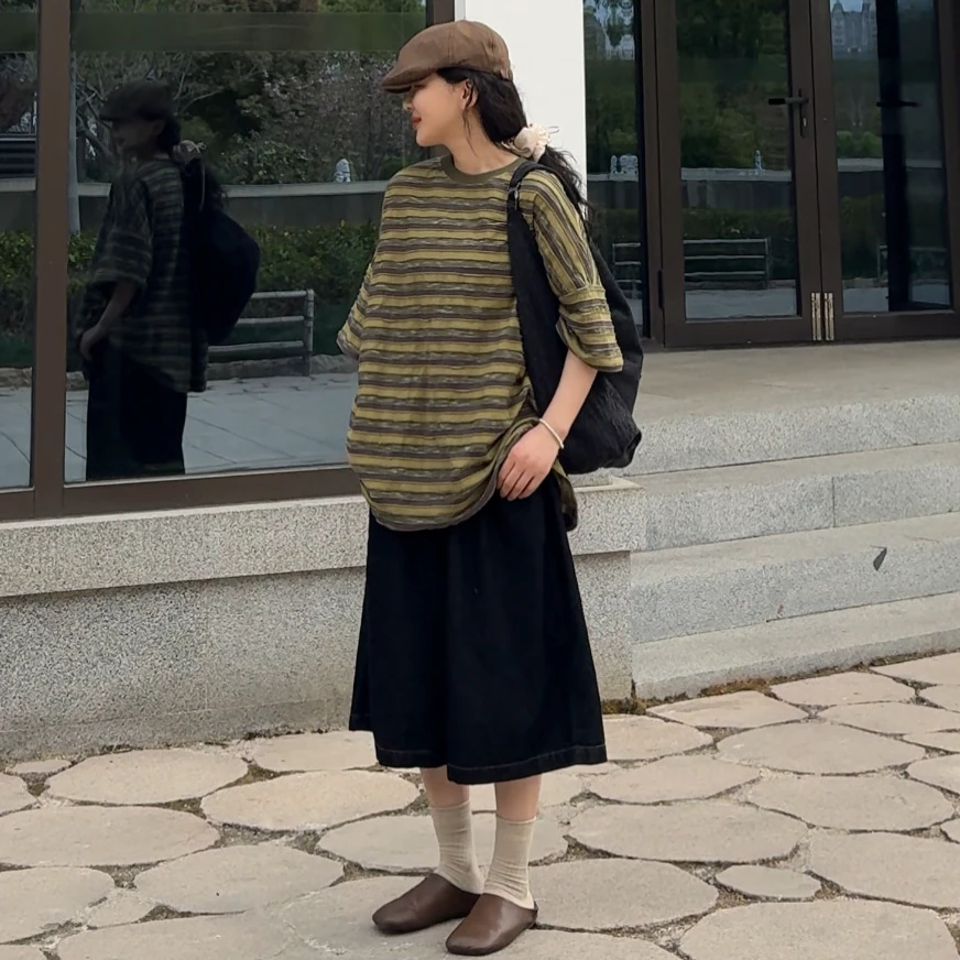 橘子罐头卫卫新款百搭条纹大码显瘦休闲宽松减龄复古T恤