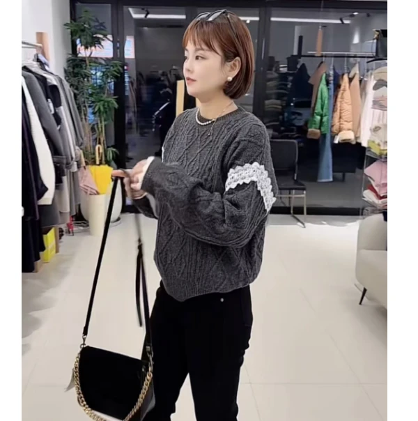 菱形格麻花拼接蕾丝花边设计感毛衣