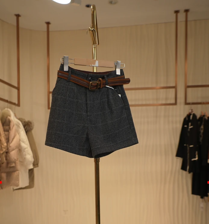 M002 慕系列灰色格子毛呢短裤秋冬高腰显瘦A字阔腿打底靴裤 21661