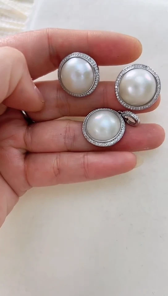 【闪购商品】拼合珍珠（马贝珠）耳饰银S925镶嵌白色太阳花套装