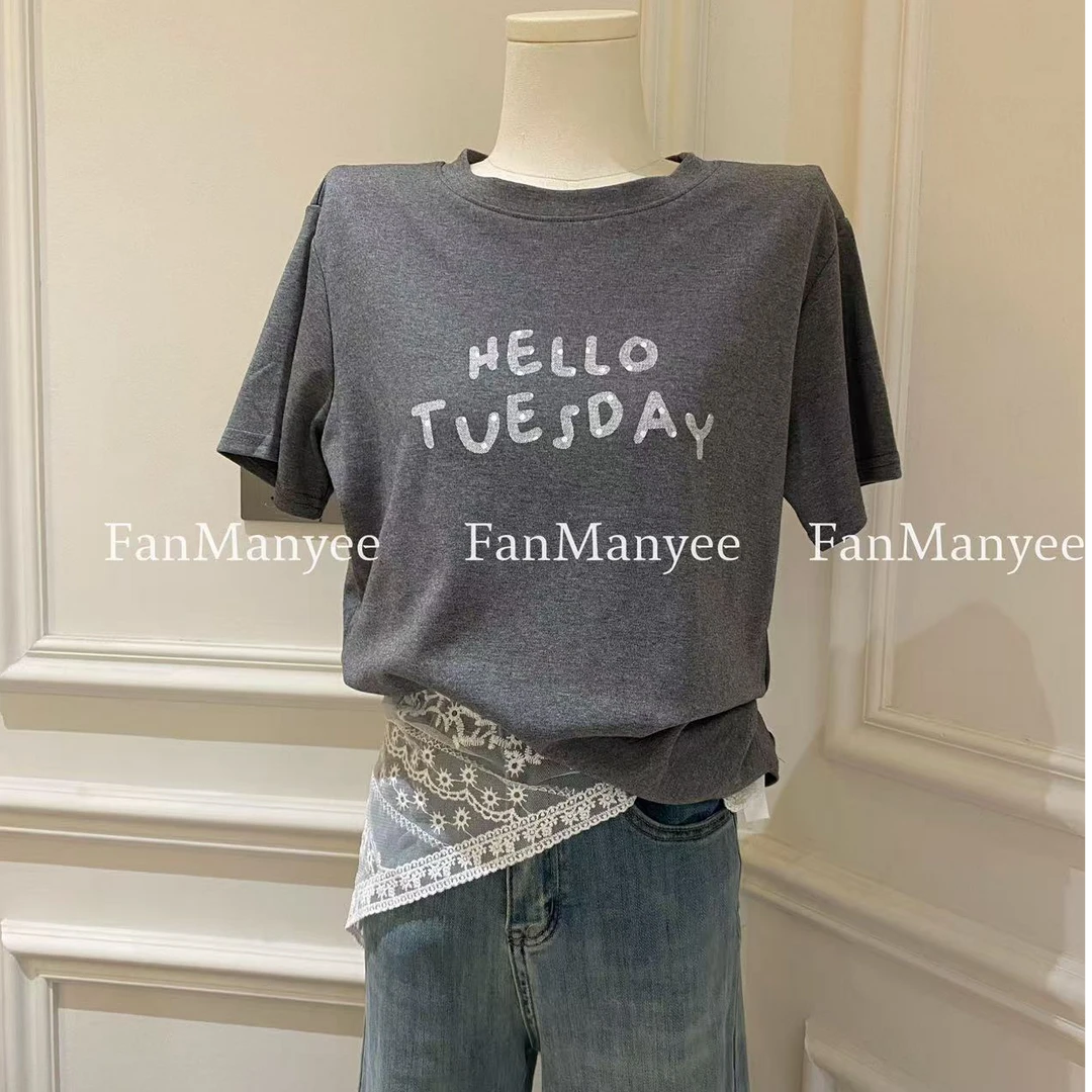 【恋恋日记】春夏韩版圆领蕾丝飘带设计感小众字母印花短袖上衣