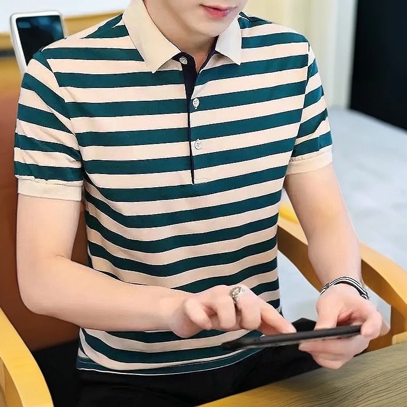 男士条纹POLO衫短袖t恤2025夏季新款修身半袖休闲翻领有领上衣