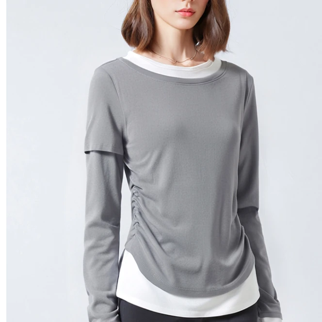 春季新款女式T恤打底衫法国雨露麻休闲气质百搭显瘦6149长袖