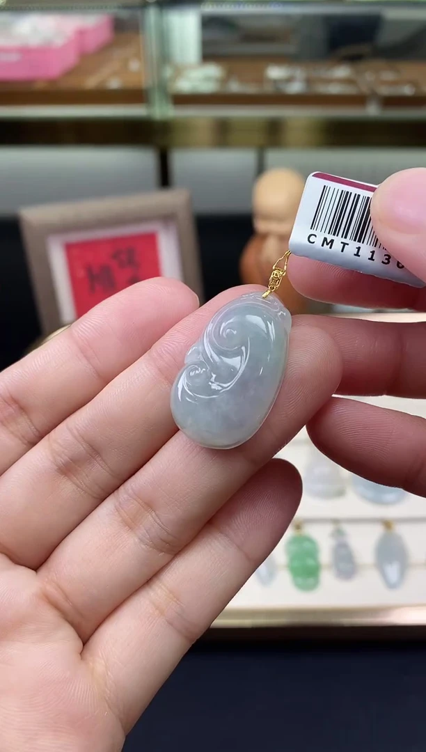 吊坠(不含链)18K金镶嵌翡翠如意18K金扣镶嵌@@CMT1136-1