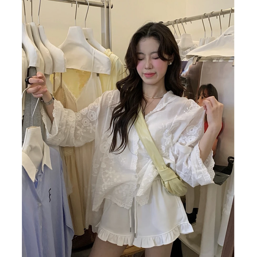 纯欲风蕾丝刺绣连帽防晒衫上衣洋气休闲时尚短裤套装女夏季小个子