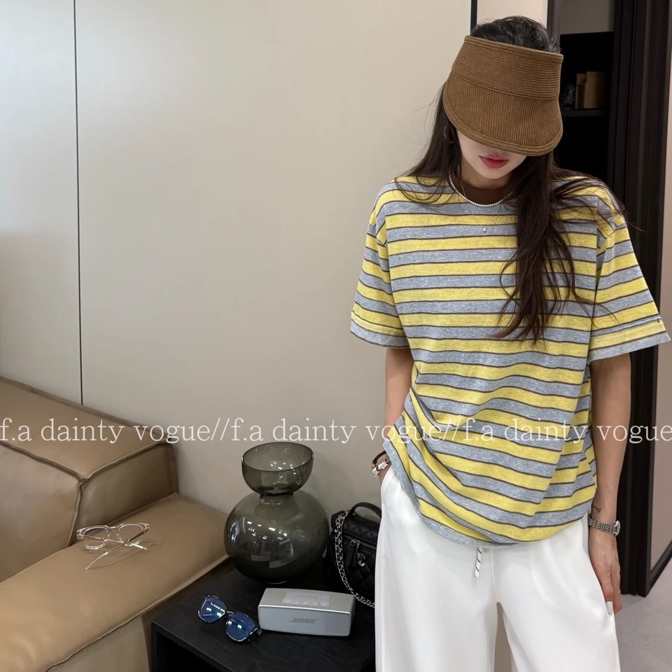 F.A[手稿日记]时尚条纹短袖T恤夏季薄款针织衫上衣女简约高级