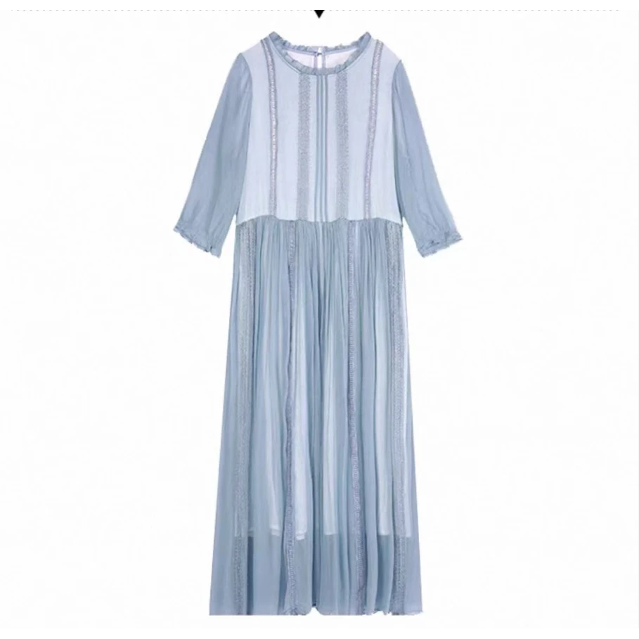 100%桑蚕丝五分袖圆领带内衬连衣裙25DAK0550