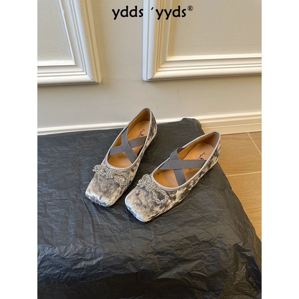 YDD/25春季新款时尚百搭方头蝴蝶结珠珠粗跟低跟芭蕾单鞋/5268