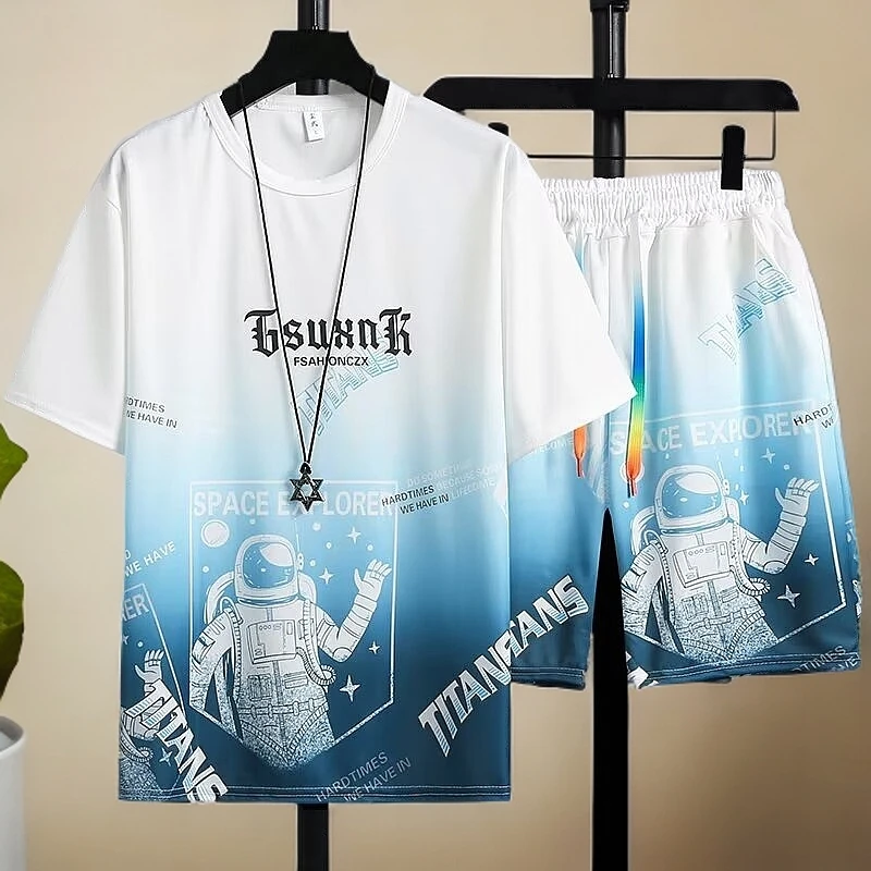 男士夏季冰丝套装潮牌t恤短袖短裤渐变色休闲运动衣服男装两件套