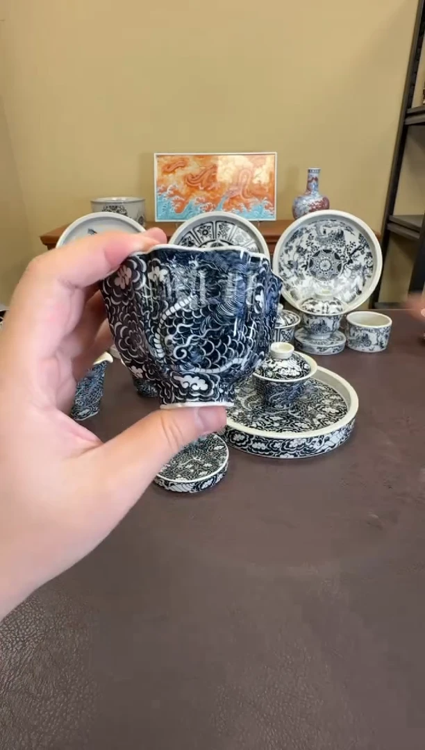 二号釉云墨麒麟六方杯