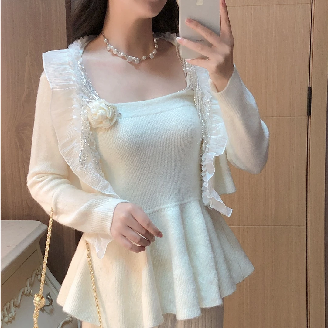 艾日秀小众高级感荷叶边拼接长袖外套+玫瑰吊带+休闲裤套装G0783