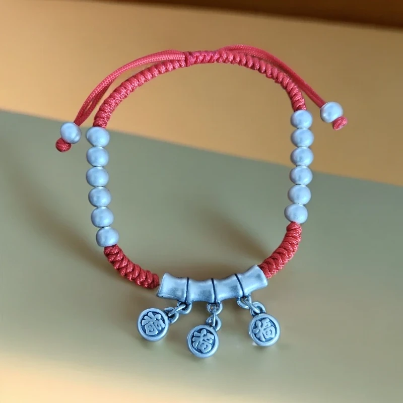 足银银制品 999纯银五福竹节红绳手链