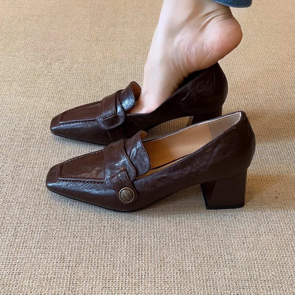 RubyL/5cm复古英伦风职场通勤方头金属扣一脚蹬纯色粗跟乐福鞋