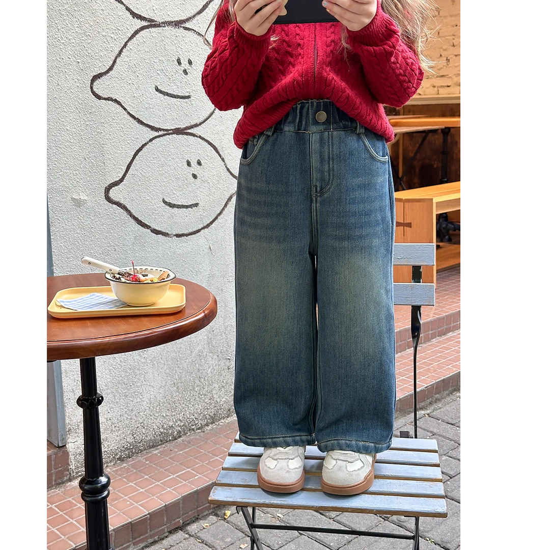 【新品】女童裤子冬季儿童复合一体保暖复古牛仔裤 24Z167