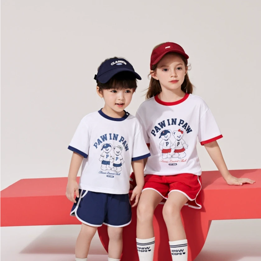 PawinPaw小熊夏男女童纯棉复古短袖短裤套装PCSME2452E