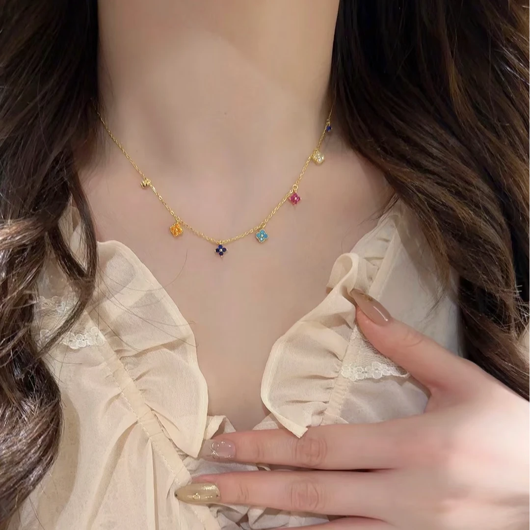 铜合金项链 彩虹四叶花多巴胺项链女幸运四叶草轻奢百搭锁骨链