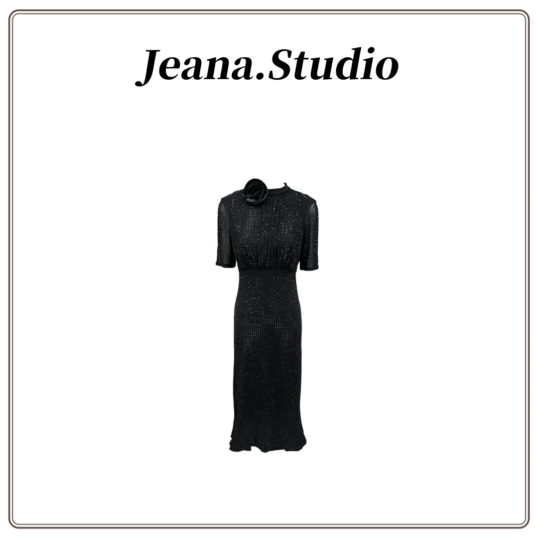 【Jeana.Studio】原创设计黑夜缪斯黑色烫钻满钻连衣裙