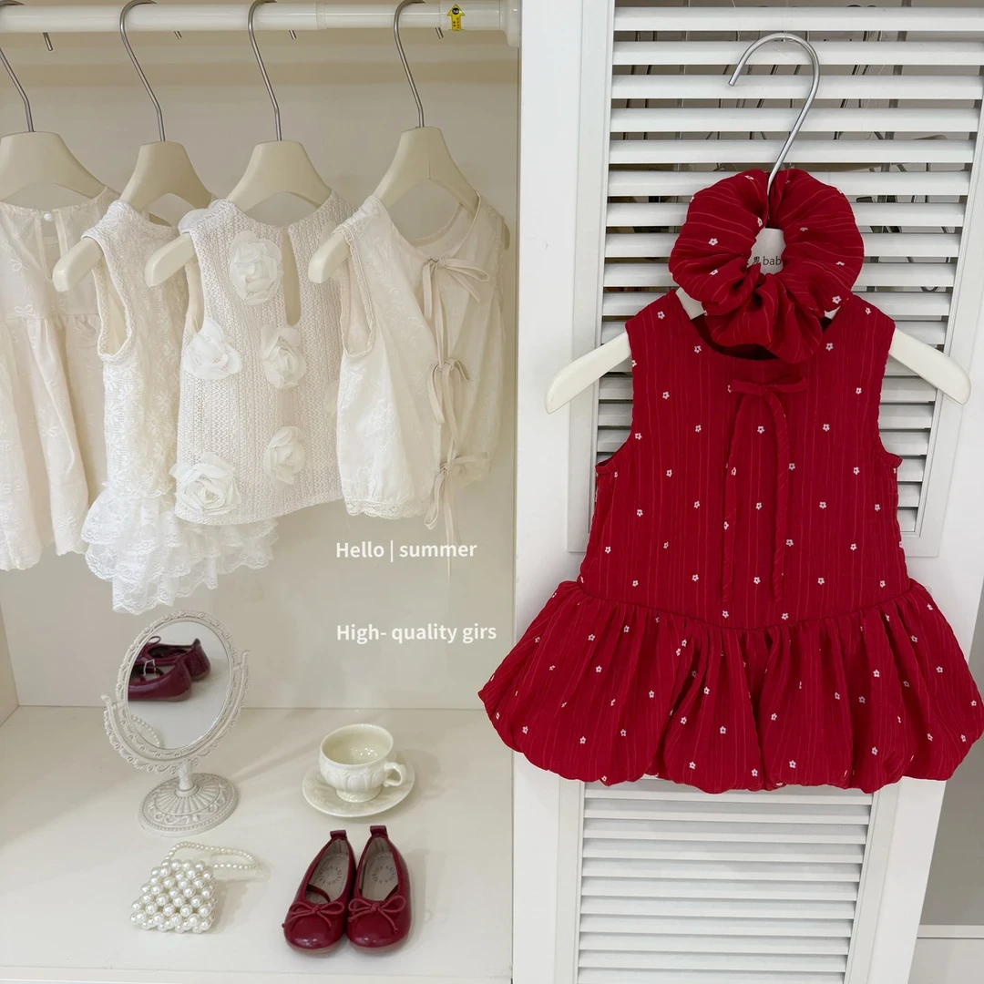 女童连衣裙原创高级感红色花苞裙女宝宝夏季小花背心裙复古裙子潮