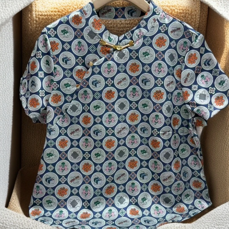 【文房四宝】立领斜襟提花短袖中长款常规上衣衬衣夏装中国风1115