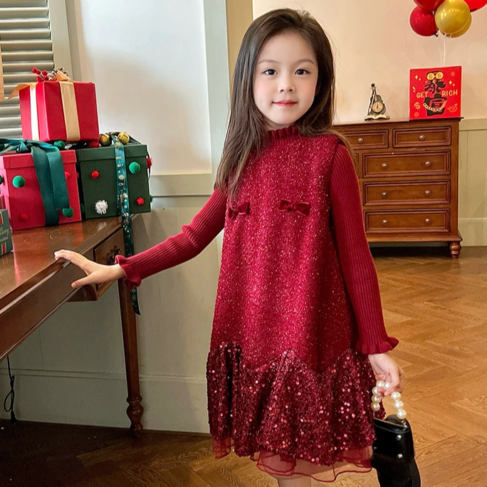 女童秋冬红色连衣裙冬装新款儿童新款加绒新年马甲裙洋气公主裙12