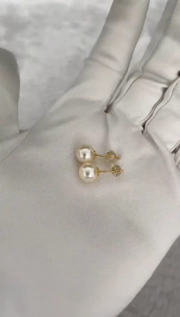 银S925镶嵌耳钉海水珍珠AK羽皇金素钉8-8.5mm