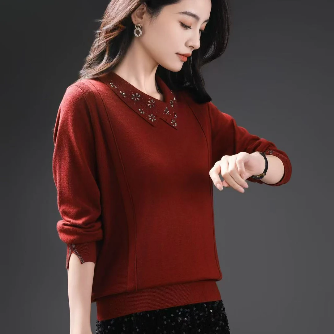 【丽丽家】冬季高级感领口小花钻气质显瘦羊毛衫001