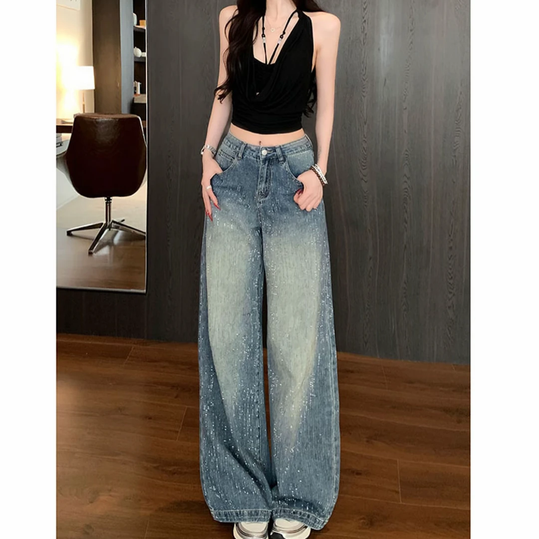 3002新款冬季百搭时尚设计感宽松烫钻满天星加绒牛仔阔腿裤（加绒）