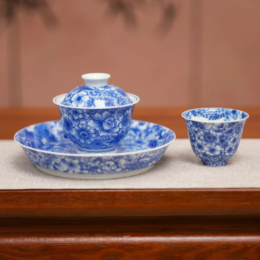 柒月严选茶器-景德镇全手工陶瓷 万花青瓷盖碗 壶承 品杯