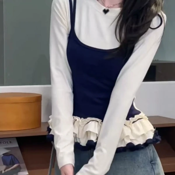 韩系chic假两件下摆拼接长袖t恤女秋季小个子纯欲掐腰打底衫上衣