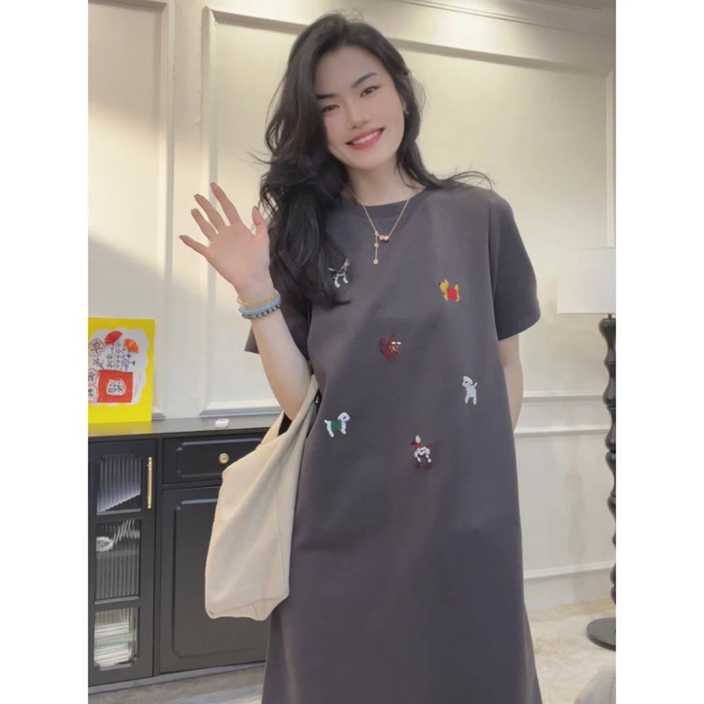 【童趣】短款/长款~小狗刺绣短袖T恤裙女春夏季新款显瘦大码连衣裙